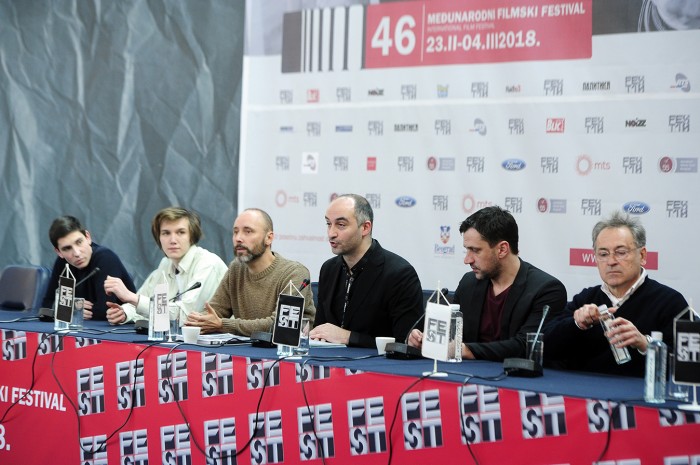 BEOGRAD 28.02.2018. Ekipa filma Agape na konferenciji za novinare povodom projekcije u okviru 46. fest-a. Goran Bogdan, glumac, Stanko Babic, producent, Pavle Cemerikic, glumac, Denis Muric, glumac, ...