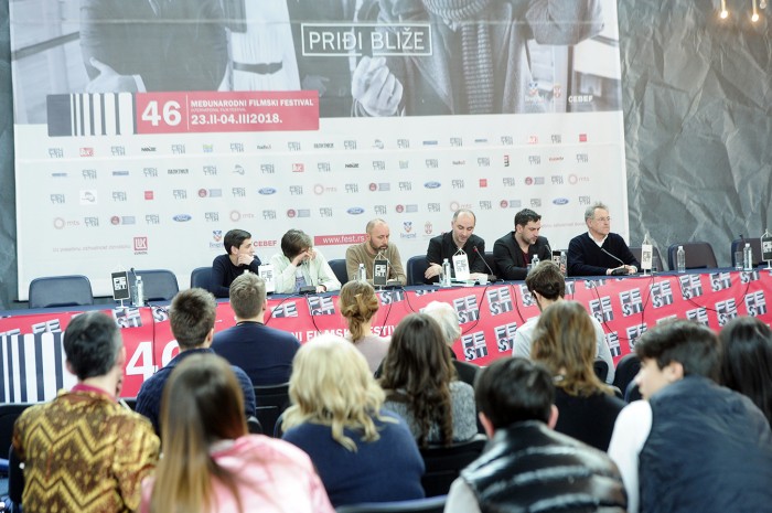 BEOGRAD 28.02.2018. Ekipa filma Agape na konferenciji za novinare povodom projekcije u okviru 46. fest-a. Goran Bogdan, glumac, Stanko Babic, producent, Pavle Cemerikic, glumac, Denis Muric, glumac, ...